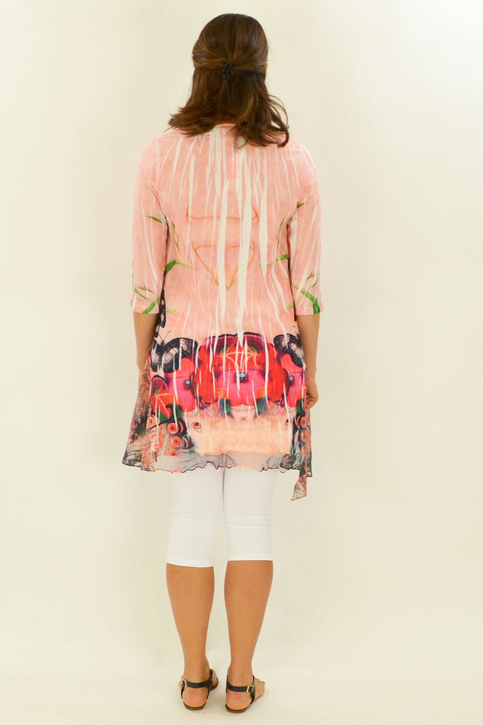 David Jessie Poppies and Butterflies tunic featuring floral and butterfly print, lightweight fabric, and relaxed fit.