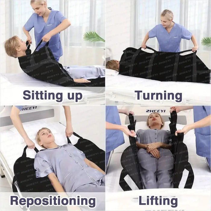 Blue patient transfer sheet with black reinforced handles being used by a medical professional to move a patient on a hospital bed.