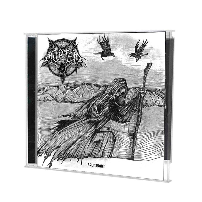 The Mortem CD case features a black and white hooded skeleton with a staff by water, mountains, and ravens. The Norwegian Black Metal bands logo and the album title Ravnsvart are displayed on the cover.