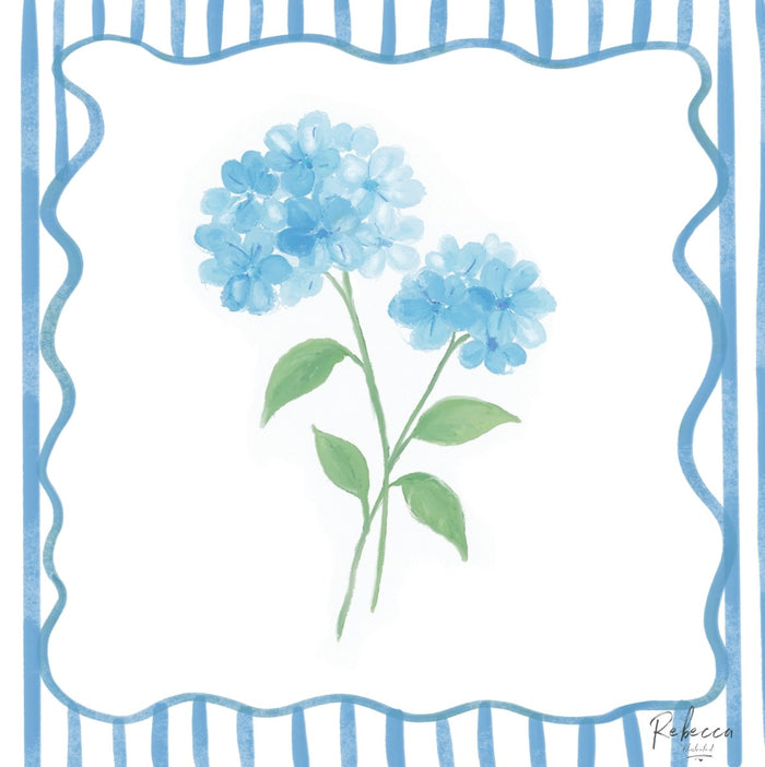 A square art print featuring a watercolor-style illustration of two light blue hydrangea flower blooms with green stems and leaves, centered within a white scalloped border framed by blue vertical stripes. The artist signature 'Rebecca' is visible in the bottom right corner.