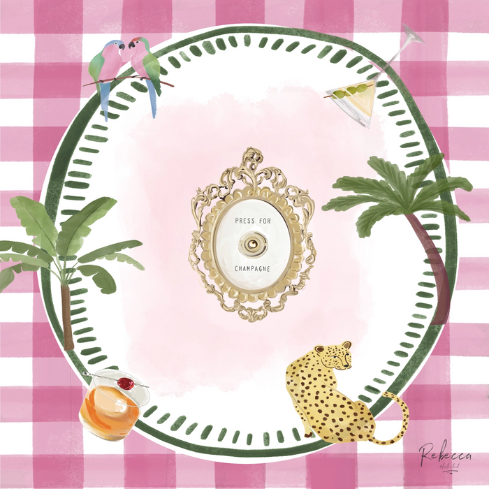 Decorative plate with palm trees, a leopard, and a cocktail on a pink checkered background