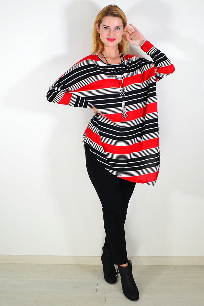 Red and black La Mode Walk My Way fleece tunic top with long sleeves and cozy fabric, casual style for comfortable wear.
