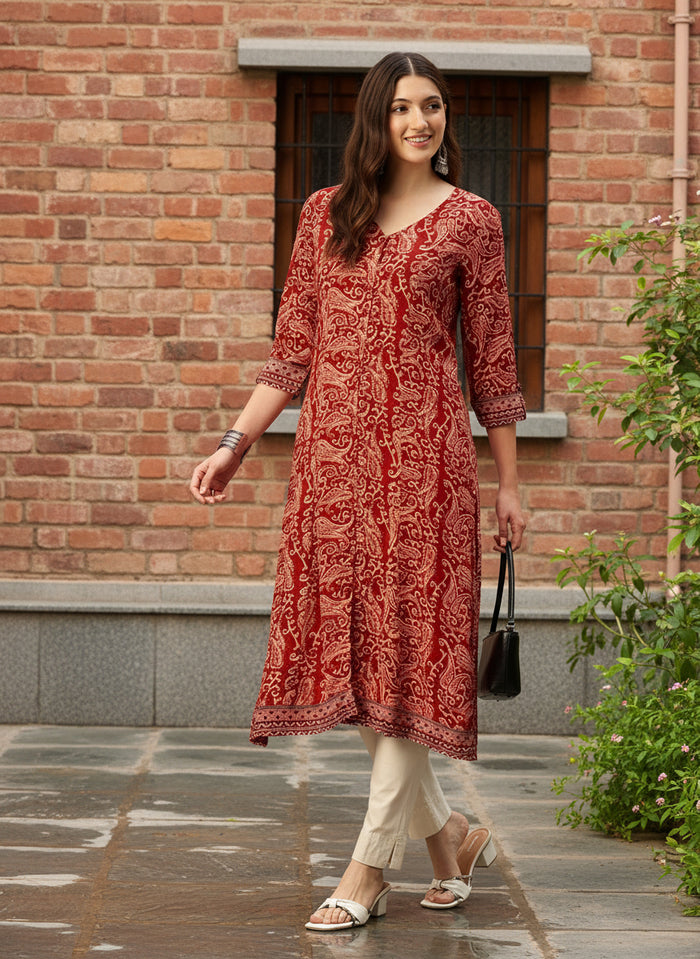 Red Paisley Printed V-Neck Kurta, kurta, kurtis, red kurta, v neck, A-line Kurta