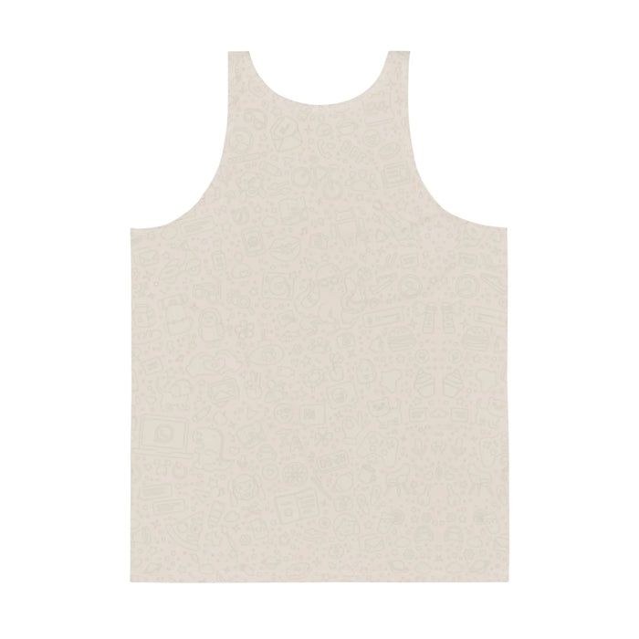Remote Work Men's Tank - The specific juxtaposition of the white (#FFFFFF) "Don't join Zoom tomorrow" chat bubble against the retro NES Zapper (#CCCCCC and #FF4400) on a beige (#E6DCCF) wallpaper background.