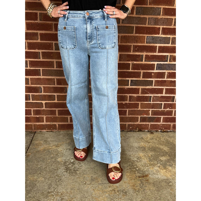 Risen - Mid Rise, Crop, Wide Jeans w Front Pintuck 1009 - Light Blue