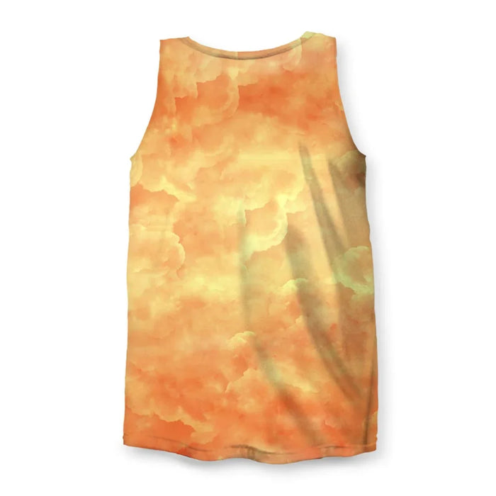 Saint The Dude Men's Tank - The specific combination of the sacred golden halo behind the signature dark sunglasses and the carton of dairy (the White Russian essential) rendered in apricot (#FFB075), muted denim blue (#4A708B), and terracotta red (#A04030).