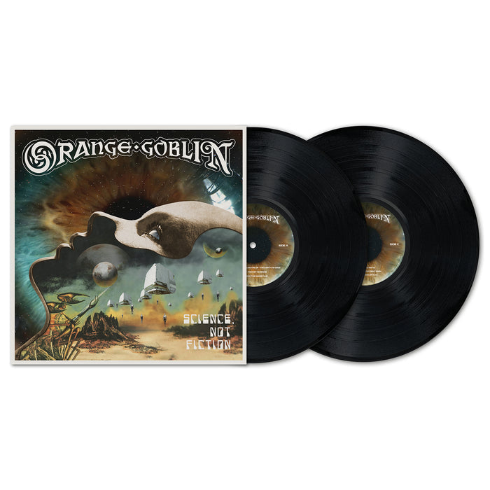 Two black vinyl records by Orange Goblin are shown with their cover art, which features a surreal head merging into a landscape of planets, ships, and mountains. The album title is “Science Not Fiction.”.