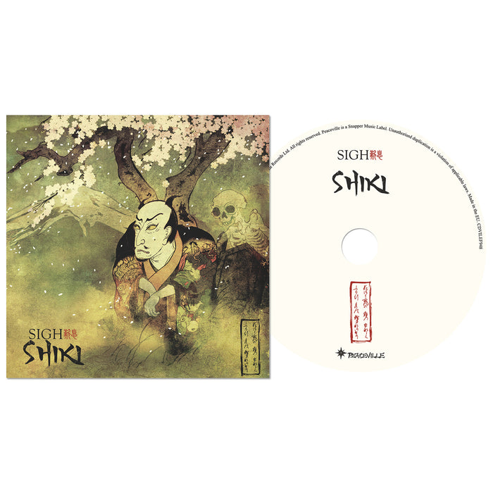 CD and cover art for Shiki, the avant-garde metal album by Sigh. The cover shows a man in traditional Japanese dress with a skeleton behind him under cherry blossoms; the CD features Sigh and Shiki in bold black text.