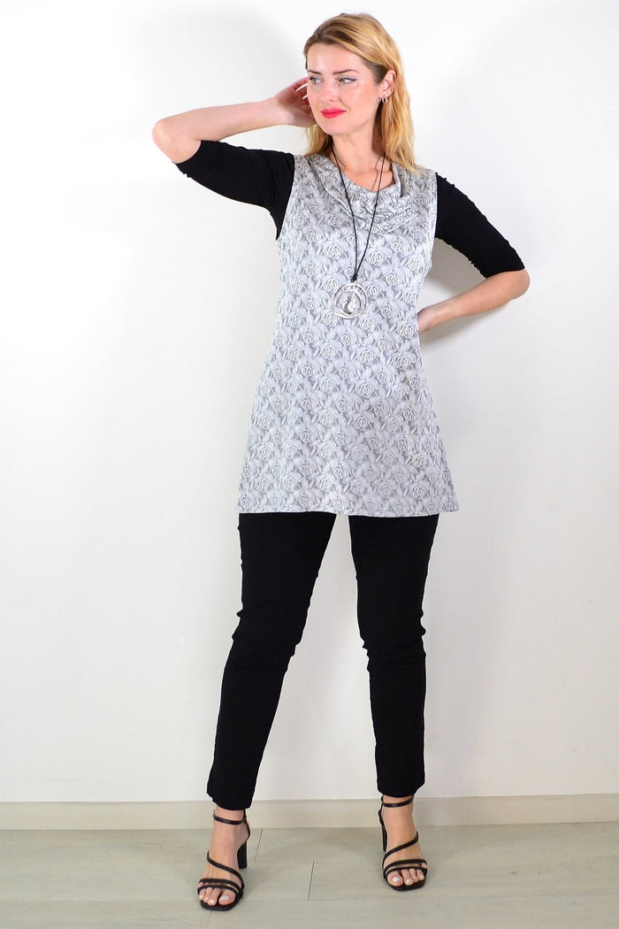 Silver sleeveless tunic top by Lilia featuring a flowy design and rose embroidery, perfect for casual or dressy occasions.