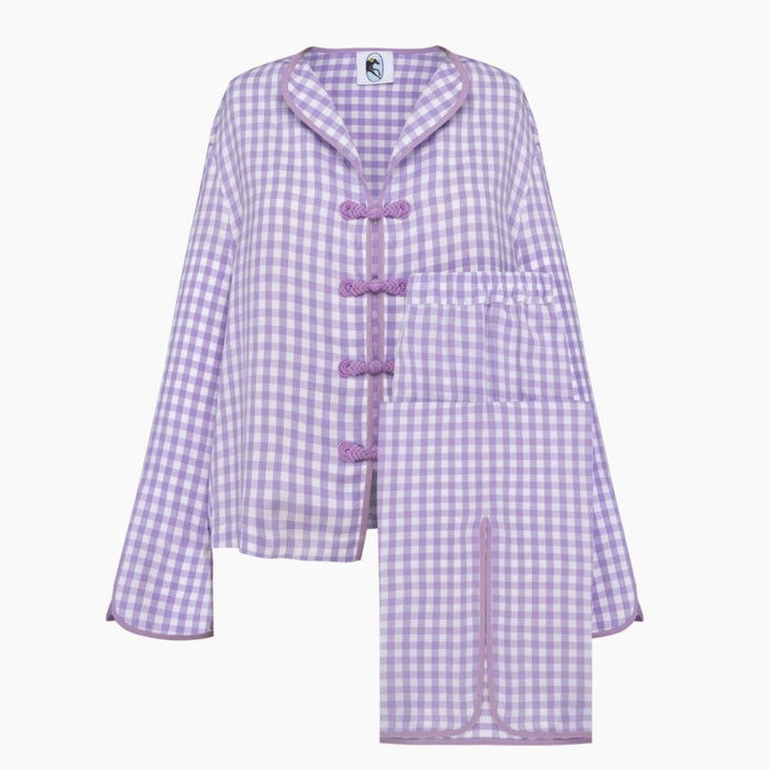 Lavender and white gingham shirt and pants with split on hem in tonal bias binding flatlay - ANNIE.G