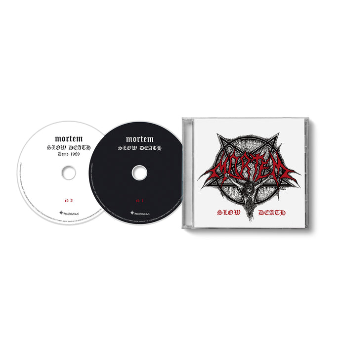 A Mortem CD case with two CDs for Slow Death, a Norwegian black metal classic. The case has a dark, spiked Mortem logo and red text. Includes one white and one black disc, both labeled mortem slow death.