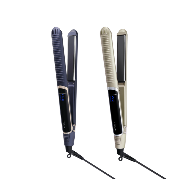 Two hair straighteners, one blue and one beige, on a white background