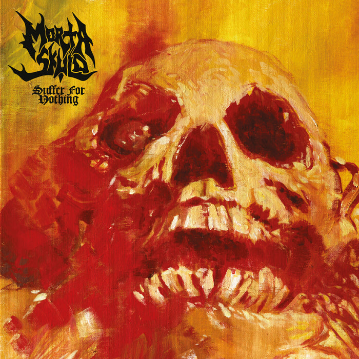 A vivid abstract painting of a decaying skull in red and yellow, inspired by US death metal. "MORTA SKULD" appears in bold black gothic font in the top left corner.