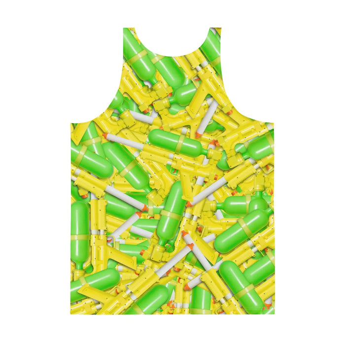 Summer Soaker Men's Tank - The unmistakable, bulbous silhouettes of classic air-pressure blasters rendered in Electric Lemonade Yellow (#FFE900) and Slime Lime Green (#32CD32), with stark plastic white (#FFFFFF) accents and safety hazard orange (#FF4500) nozzle tips.