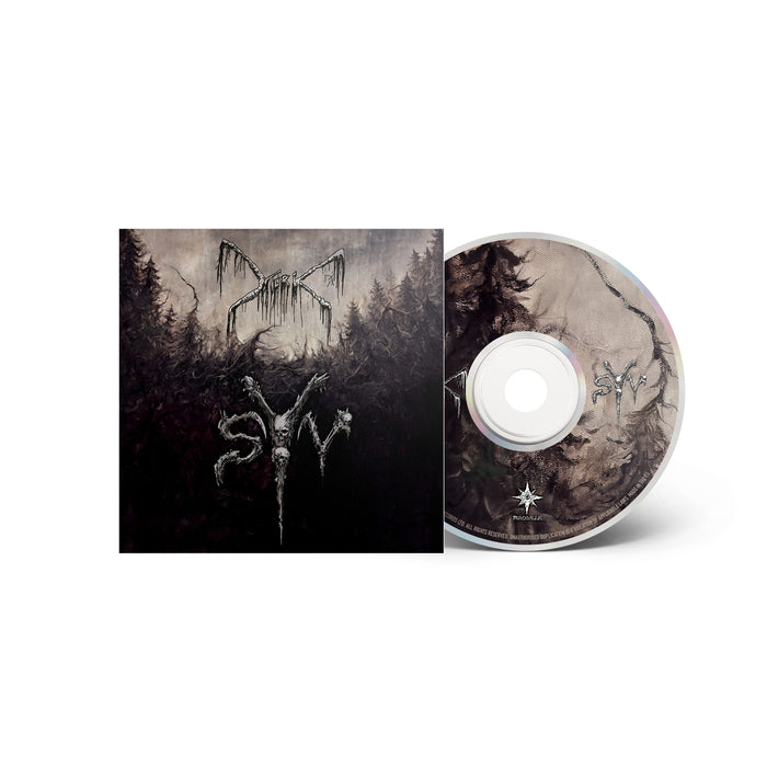 A CD and case from Mork, both displaying dark forest art with abstract white, branch-like logos in black metal style. The misty background and shadowy designs evoke the signature Mork Syv aesthetic.