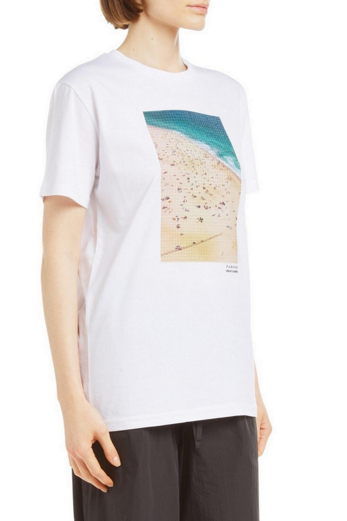 t-shirt donna bianco con stampa spiaggia