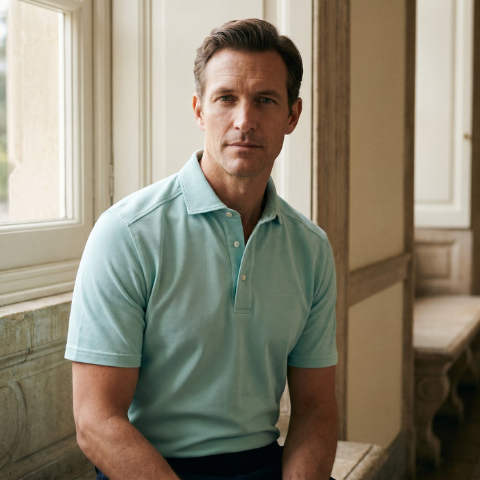 Textured Jacquard Knit Polo, worn — Emanuel Berg