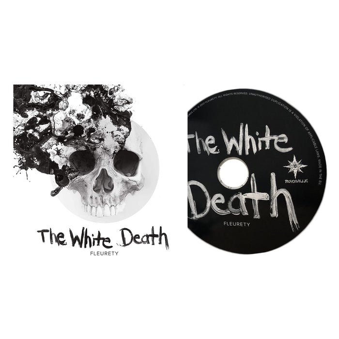 A CD and cover for The White Death by FLEURETY, avantgarde metal pioneers. The cover shows a skull partly veiled in black ink-like splatter; the black CD displays the album title and brand name in white.