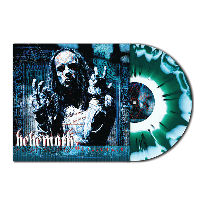 The image shows a limited edition Behemoth vinyl and cover for Thelema.6. The cover has a dramatic figure with painted face and outstretched hands; the vinyl is white with green and black splatter.