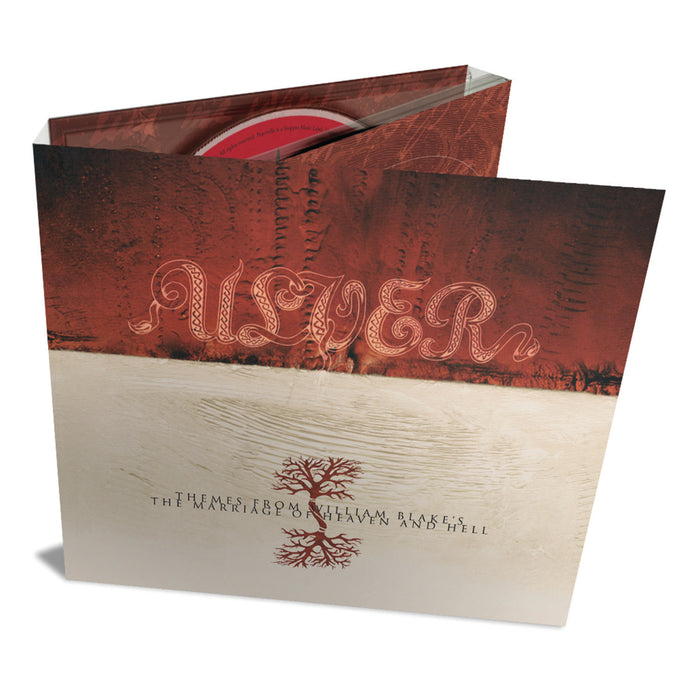 A CD case for Ulver’s experimental metal album "Themes from William Blake's The Marriage of Heaven and Hell," featuring ornate red and cream cover art with stylized text and a central tree illustration.
