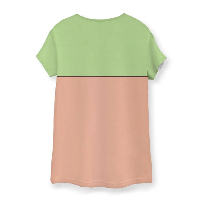 This is Fine Women's Tee - The central anthropomorphic flame clutching a white coffee mug against a split pistachio green (#9CD68D) and dusty salmon pink (#E6A692) background, surrounded by wide-eyed goldenrod yellow dogs (#F6C343)