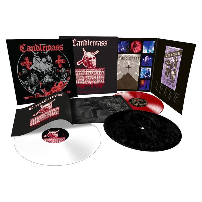 Candlemass vinyl box set with Epicus Doomicus Metallicus and Nightfall albums on black, red, and white records, dark art album covers, plus a booklet of band photos and setlists—all displayed on a white surface.