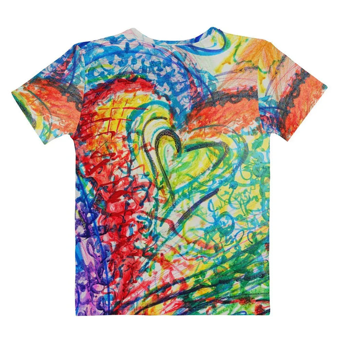 Unity Women's Tee - The crude, heavy-handed texture of the central heart outline contrasting against the friction of Crimson Red (#DC143C) and Cobalt Blue (#0047AB) scribbles, amplified by luminous Canary Yellow (#FFEF00) backlighting.