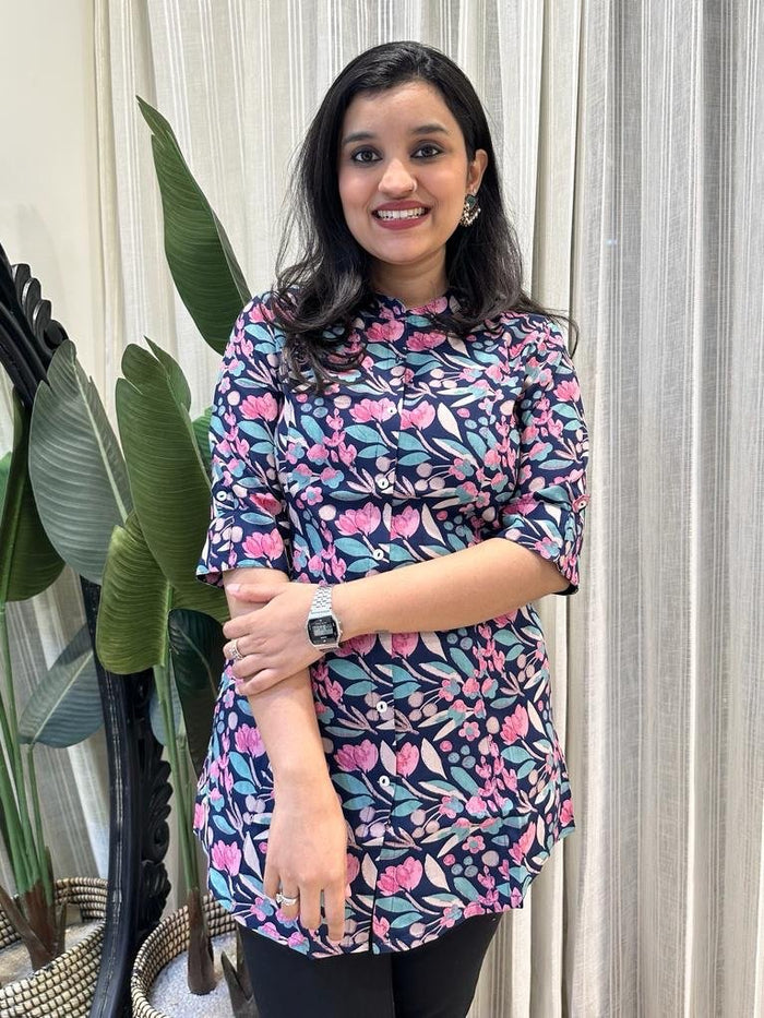 Weekend Rayon Short Kurta- Navy Multi Leaves