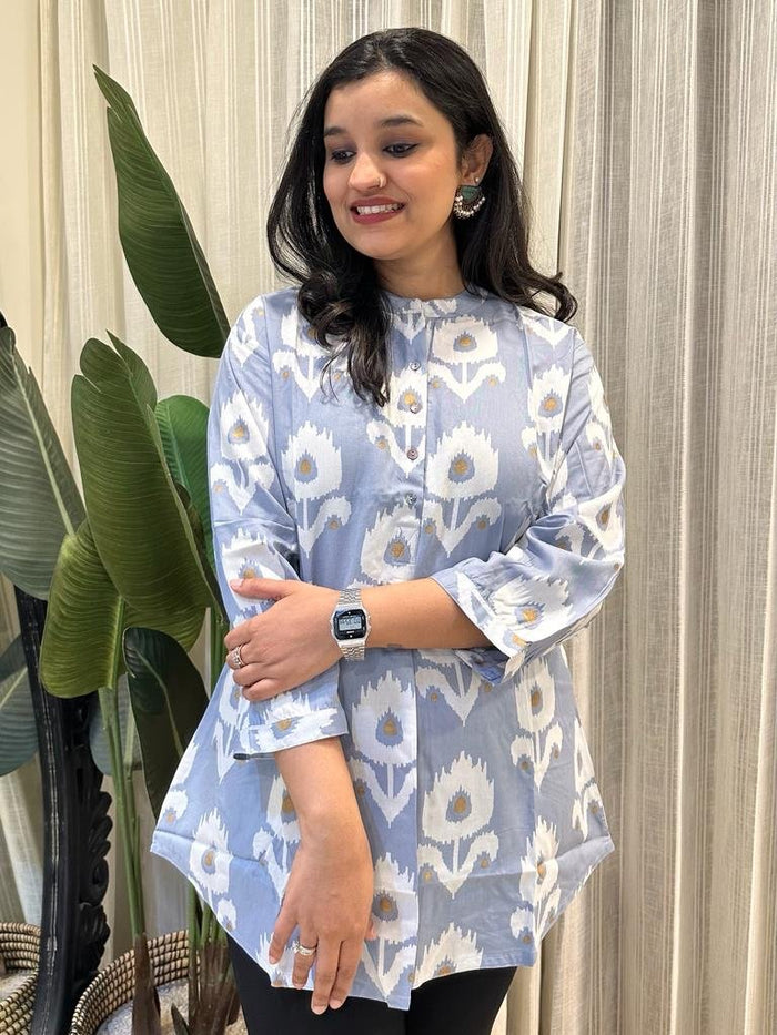 Weekend Rayon Short Kurta- Powder Blue Boota