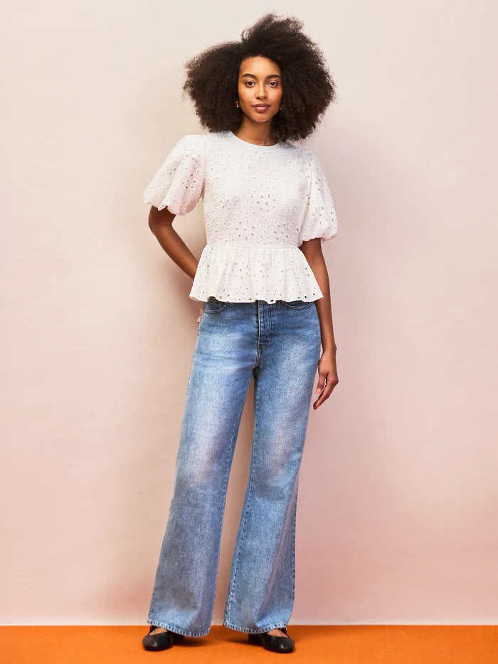 White Broderie Anglaise Cotton Gathered-Sleeve Top
