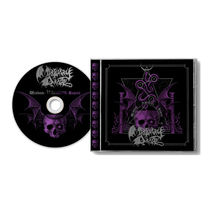 A Mortuary Drape-branded CD and case display gothic artwork—a purple skull, bat wings, and occult symbols. The CD reads Wisdom-Mitigation-Repent, with the case matching these dark, mystical designs inspired by Italian black metal.