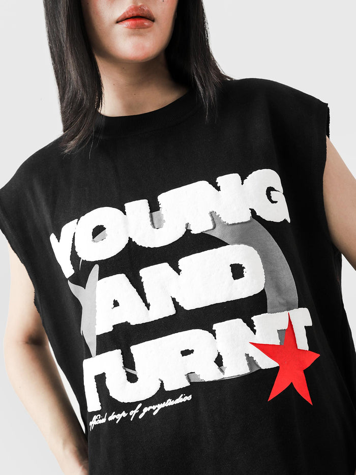 Young and Turnt Sando flat lay black sleeveless graphic top Pakistan – GROOVY