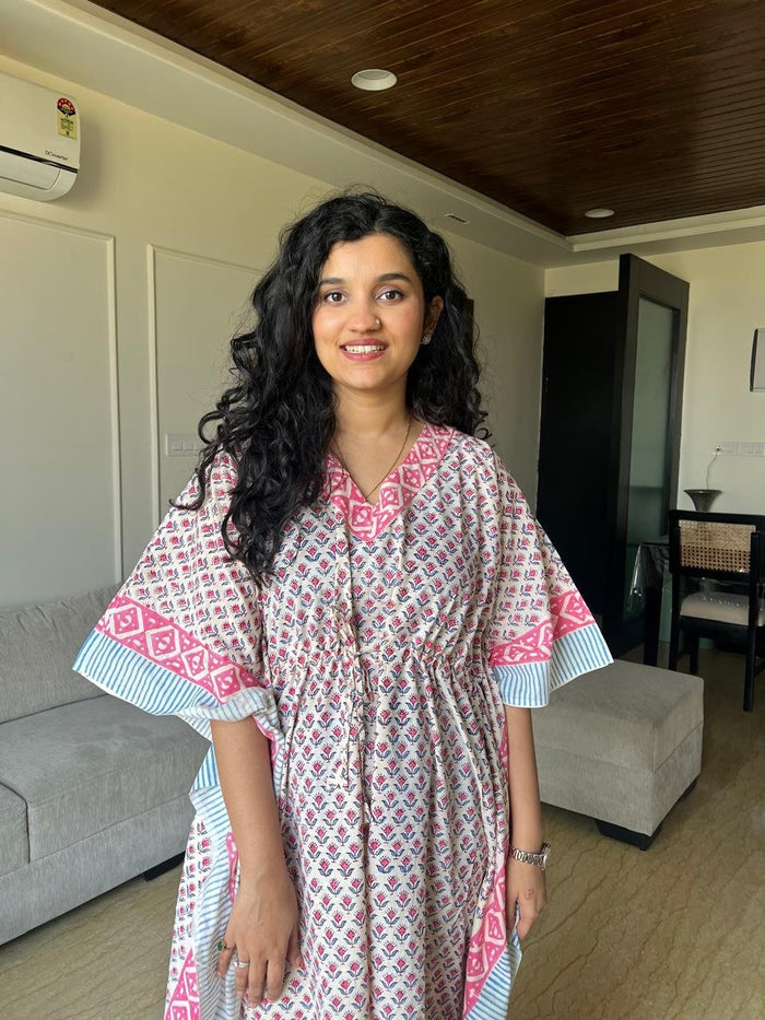 Zura Block Print Kaftan- Pastel Booti
