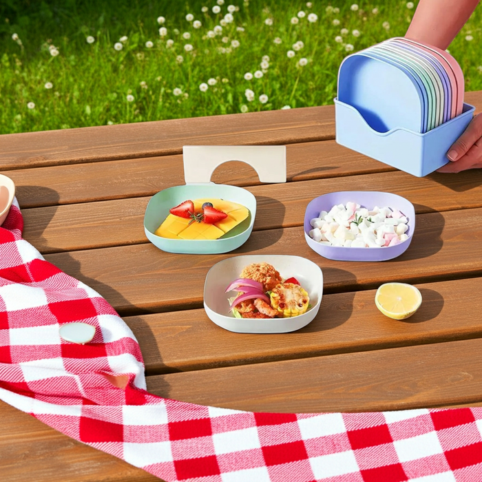 10-Piece Pastel Snack Plate Set with Storage Stand - BPA-Free Plastic Serving Trays for Fruits, Nuts, and Desserts