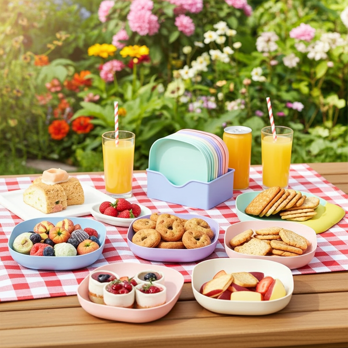 10-Piece Pastel Snack Plate Set with Storage Stand - BPA-Free Plastic Serving Trays for Fruits, Nuts, and Desserts