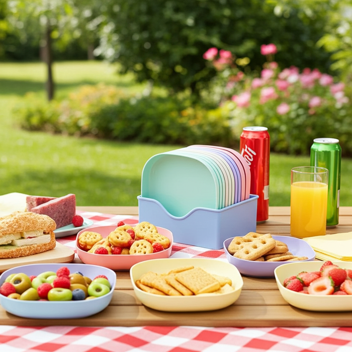 10-Piece Pastel Snack Plate Set with Storage Stand - BPA-Free Plastic Serving Trays for Fruits, Nuts, and Desserts