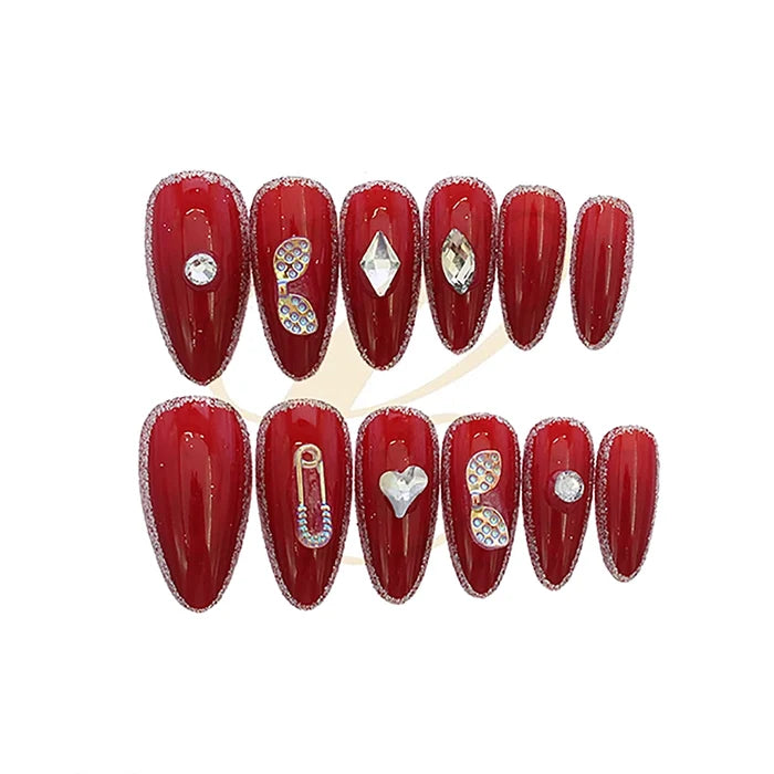 12 Pcs 3D Press-On Nails Set – Almond Fake Nails with Rhinestones, Pearls & Flowers | Reusable Full Cover False Nails (RAN-0301R)