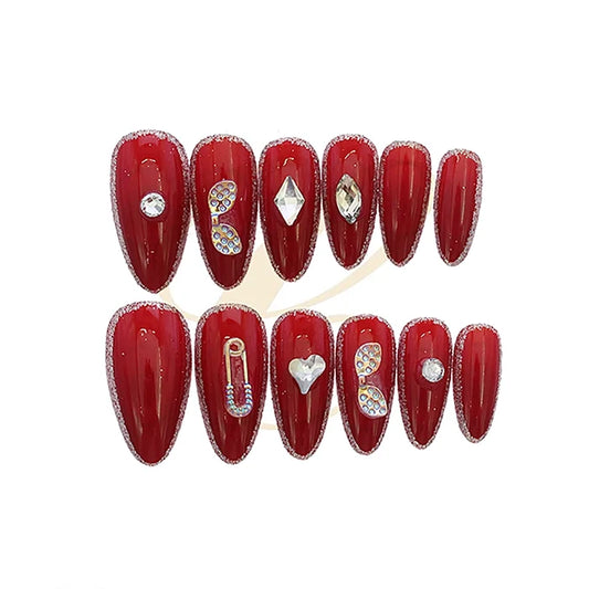 12 Pcs 3D Press-On Nails Set – Almond Fake Nails with Rhinestones, Pearls & Flowers | Reusable Full Cover False Nails (RAN-0301R)
