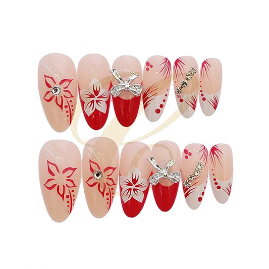 12-Piece Luxury Press-On Nails Set | Reusable Almond Fake Nails with 3D Rhinestone & Bow Designs (RAN-0305R)