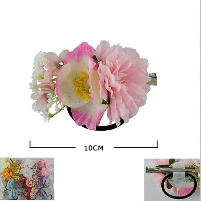 12pc Floral Hair Accessory Set - 10cm Hibiscus & Peony Flower Clips with Elastic Ties - Multi-Color Bulk Pack (HCF-1063M)