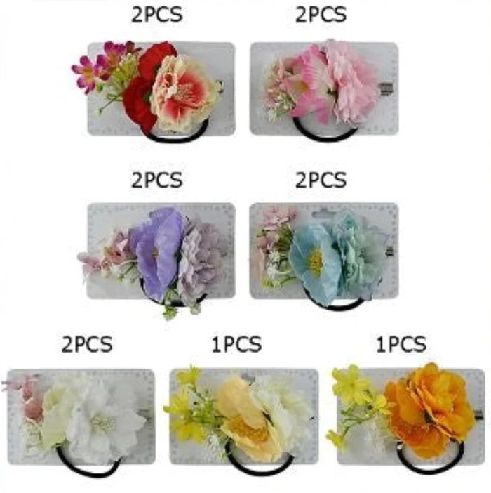 12pc Floral Hair Accessory Set - 10cm Hibiscus & Peony Flower Clips with Elastic Ties - Multi-Color Bulk Pack (HCF-1063M)
