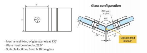 135 Degrees Glass to Glass Brackets for Frameless Glass Shower Screens - SOLID BRASS - Image 3