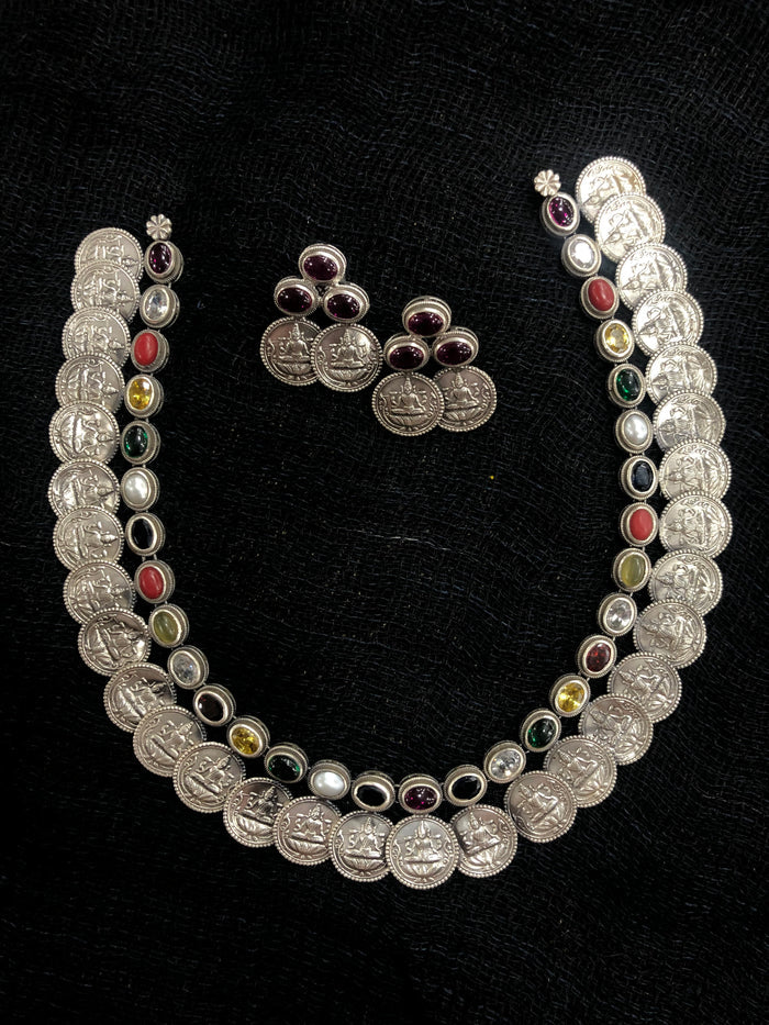 925 silver navratna coin neckalce