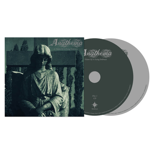 ANATHEMA CD album cover and two discs for A Vision of a Dying Embrace, featuring a hooded statue before a cross. Includes the live Krakow recording; both CDs are displayed to the right.