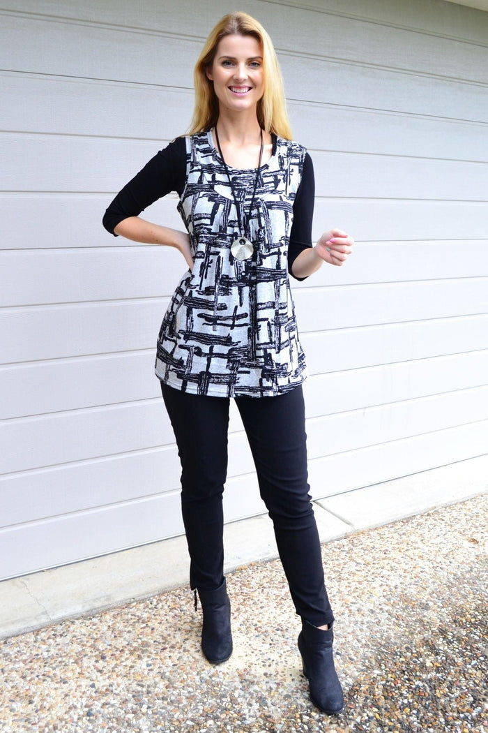 Abstract sleeveless fleece tunic top by Lilia Whispers, showcasing soft fabric and stylish relaxed fit.