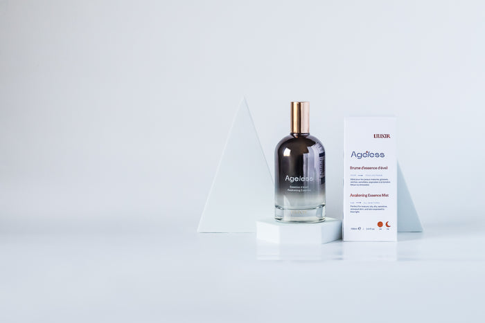 Perfume bottle labeled 'Ageless' on a white background