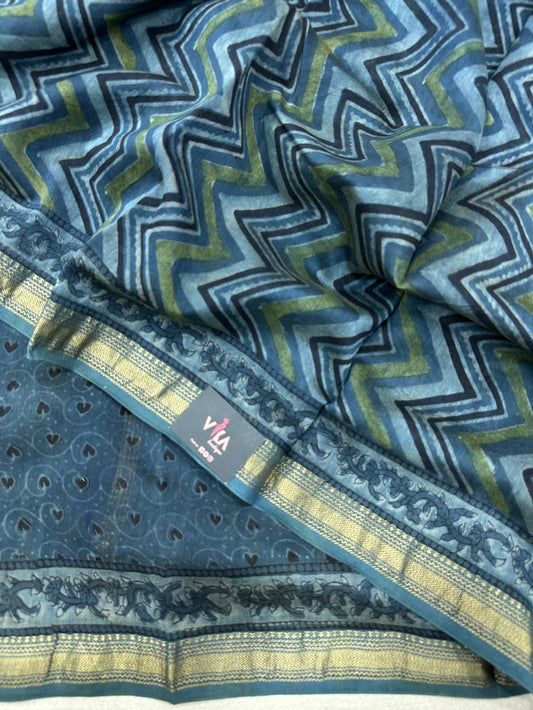 Ajrakh printed Maheswari border chanderi saree
