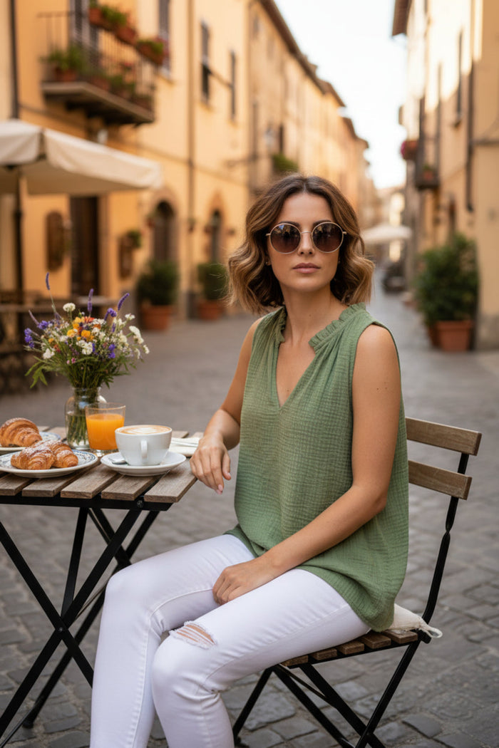 Woman wearing white jeans and a green Cotton Gauze Tank with split neckline and frill sitting at a table having brunch - ANNIE.G