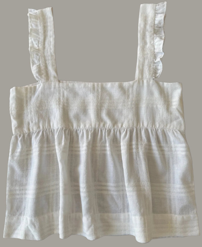 Cami Top in a white self check textured fabric with a frill on shoulder strap and lined bodice with a peplum - ANNIE.G
