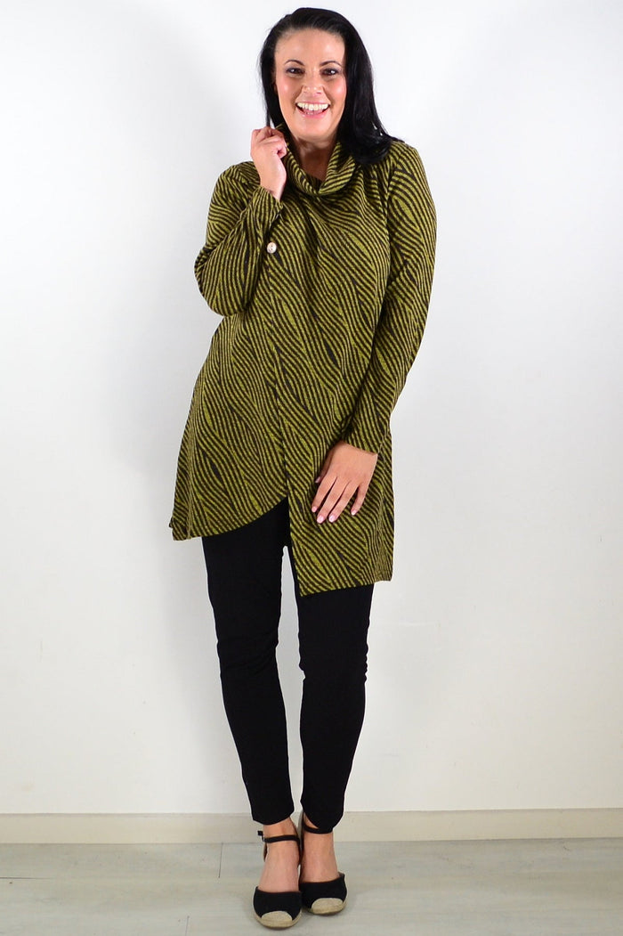 Whispers animal stripes crossover tunic top featuring a relaxed fit and bold striped pattern, perfect for casual wear.